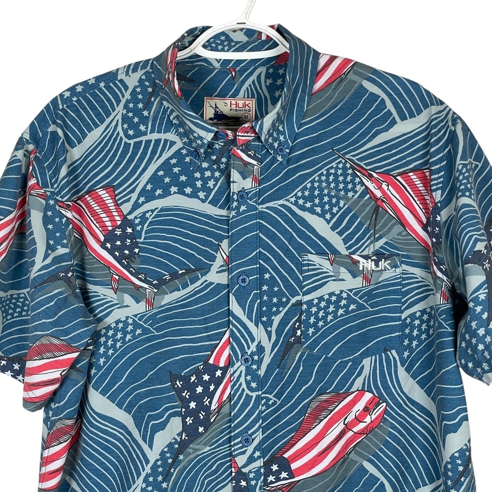 Huk Fishing Shirt Button Down USA Swordfish Mens M Blue Short Sleeve Stretch